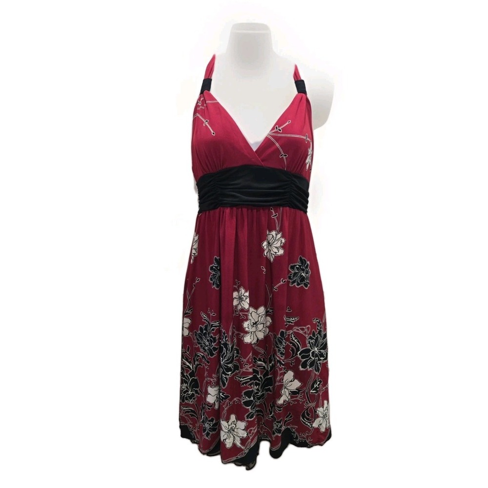 Vintage Y2K Chic Red & Black A Line Floral Halter Neck Midi Dress Small Jr